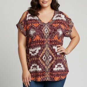 Studded Cold Shoulder Short Sleeve Top Eggplant Tribal Size XL